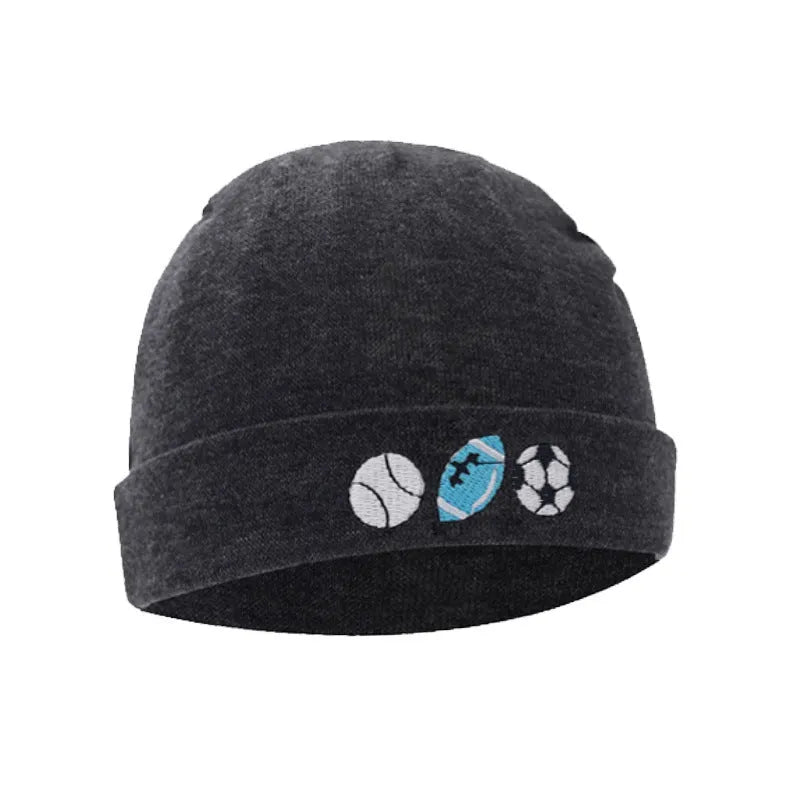 Set of white, light blue, and grey cotton baby pullover caps, gloves, and foot covers for infants.