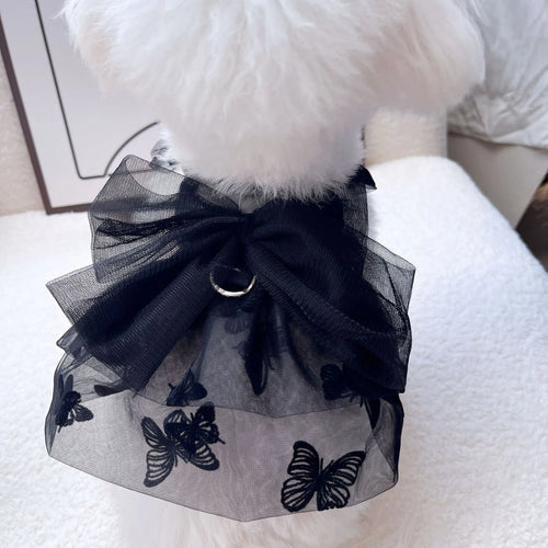 Black layered tulle princess skirt on a small dog, showing chest fit and back length.