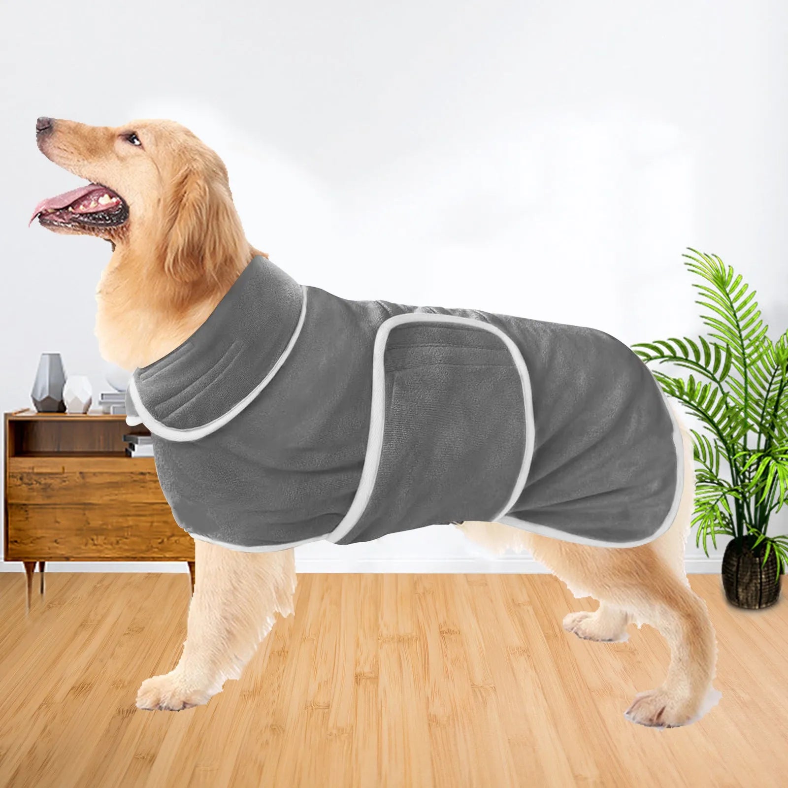 Super absorbent one-piece dog bathrobe and towel outfit shown on a dog, available in seven sizes.