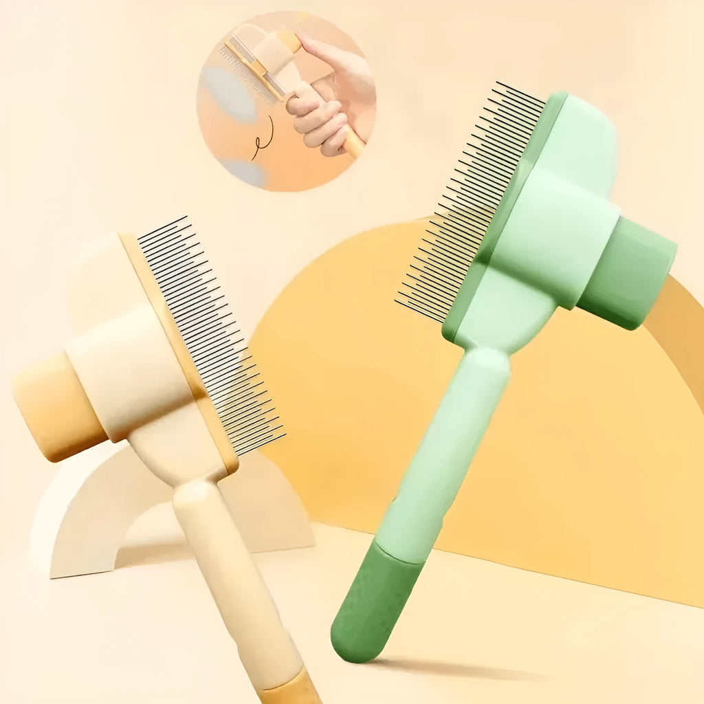 Green pet grooming brush with one-click hair removal system and soft rubber bristles for dogs