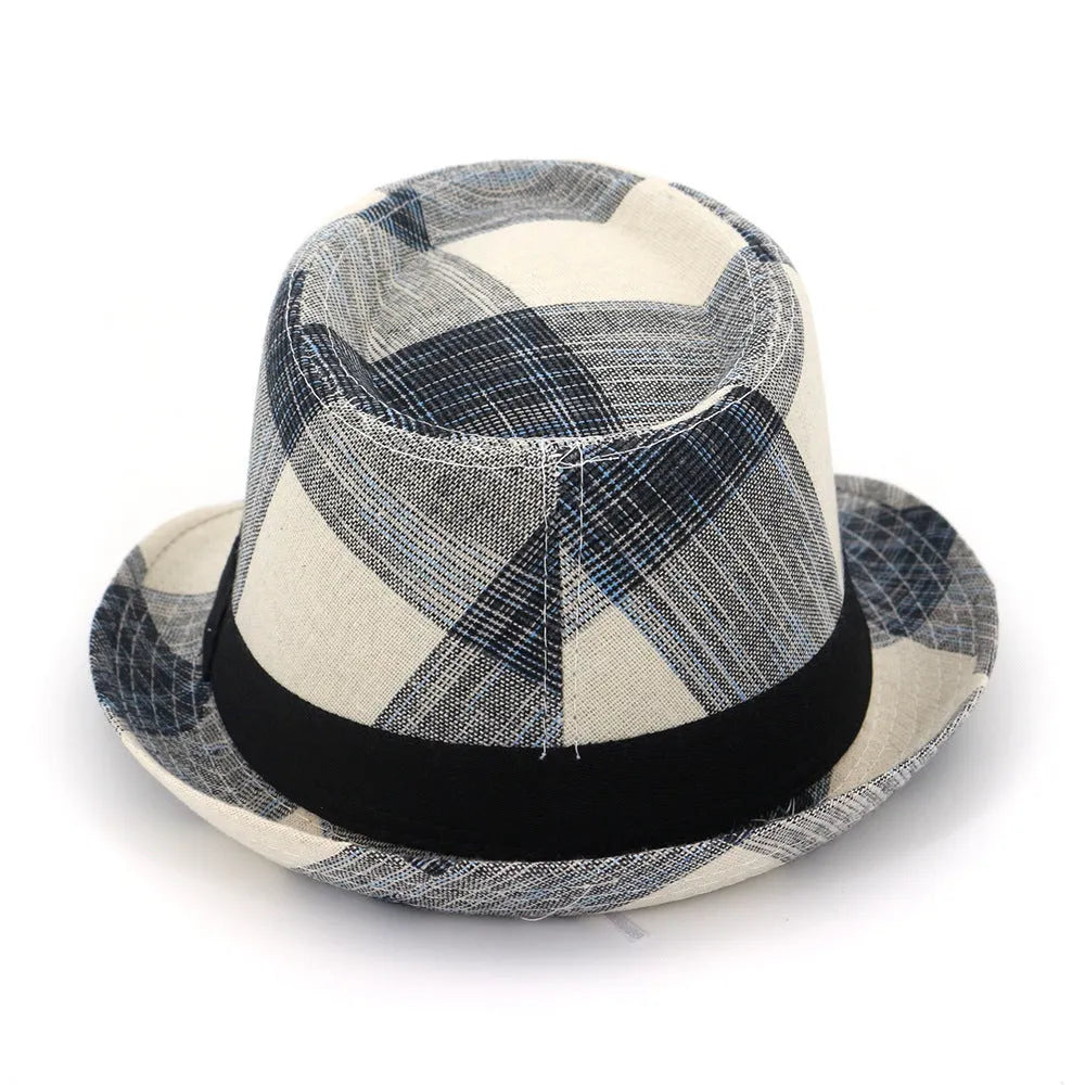 Blue casual sun hat with a bell-shaped crown and a medium-width brim on a wooden background.