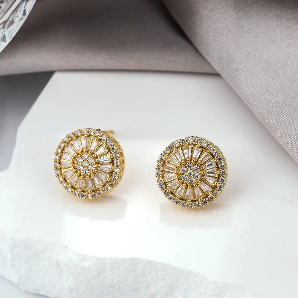 Geometric round pattern copper earrings with electroplated gold finish