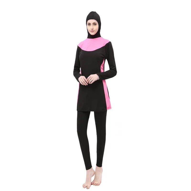 Conservative long sleeve hooded swimsuit for women, shown as a black top and pants set.