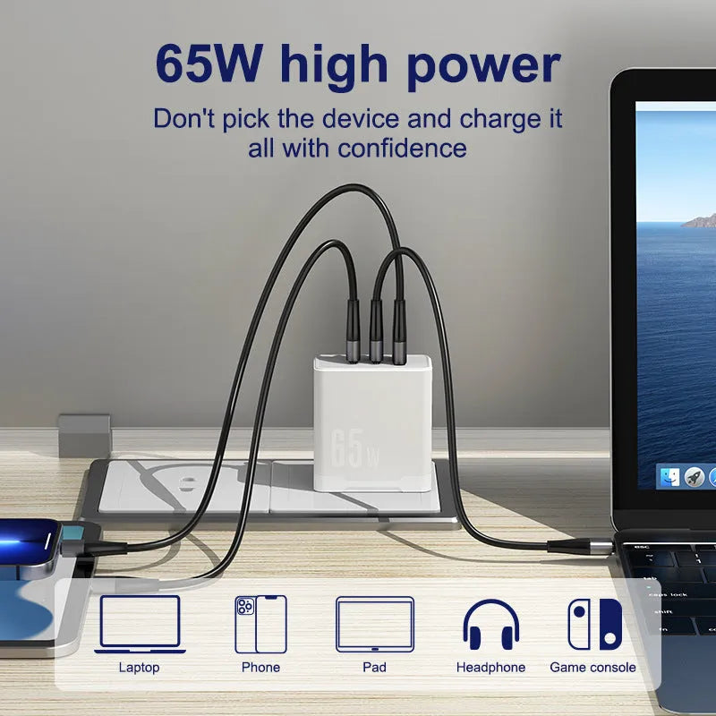 65W gallium nitride GaN multi-port charger in black with two USB-C and one USB-A output ports