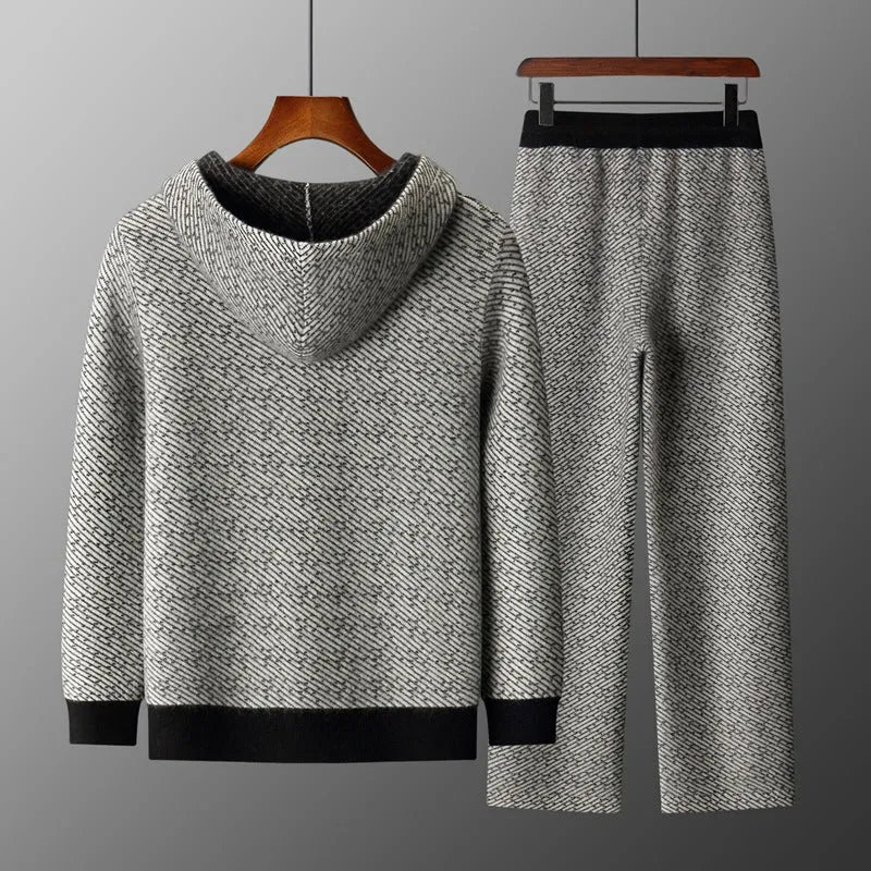 Men's hooded sweater cardigan set with long sleeve top and matching trousers in black, blue, and camel