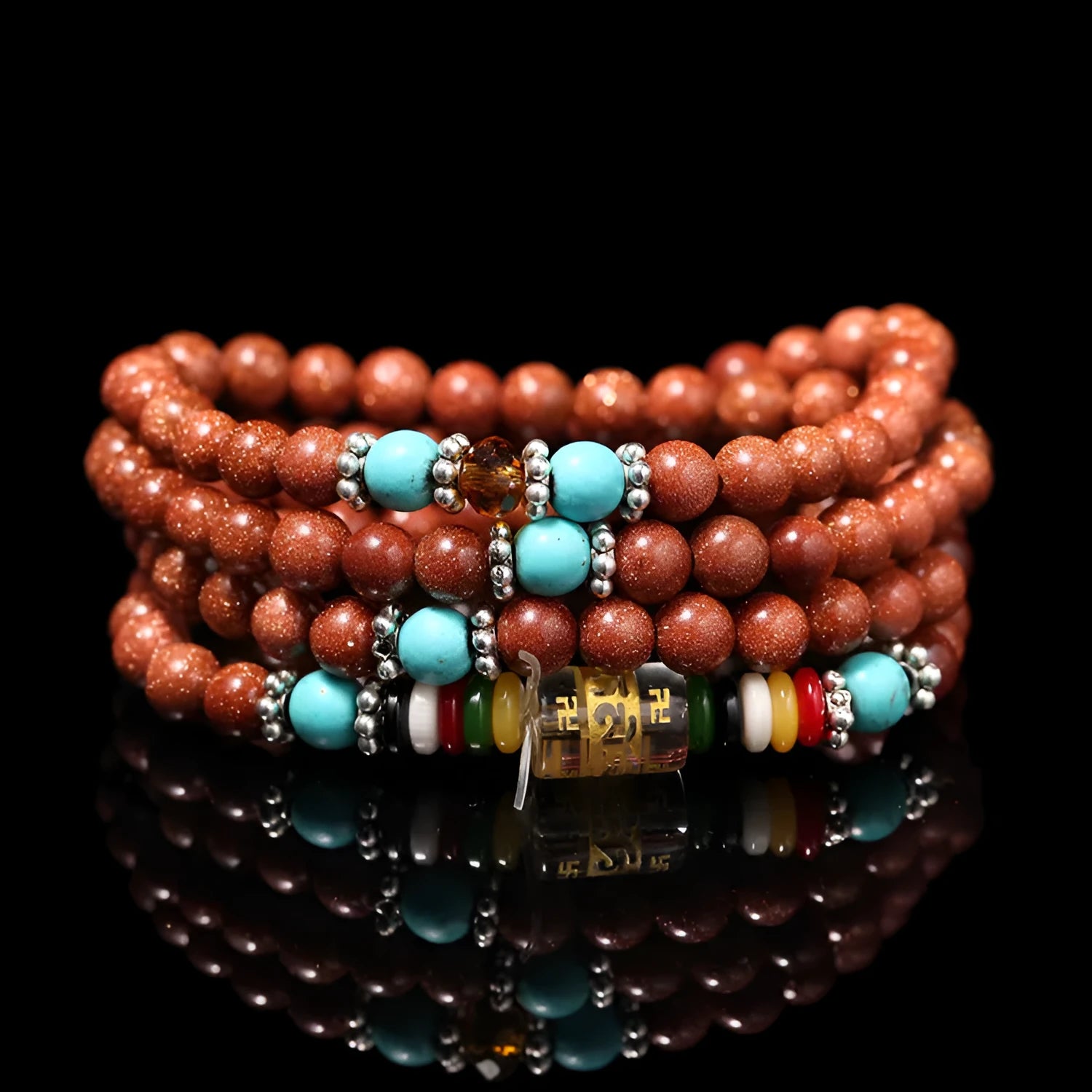 Women's golden star stone mantra bracelet with 108 nugget sand pieces and Chinese fu character ornament