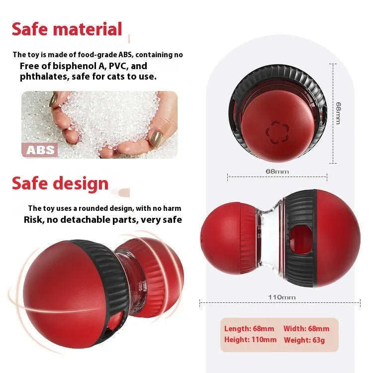 Rotating plastic cat toy with Super Ball colour scheme showing treat-dispensing openings and sound module