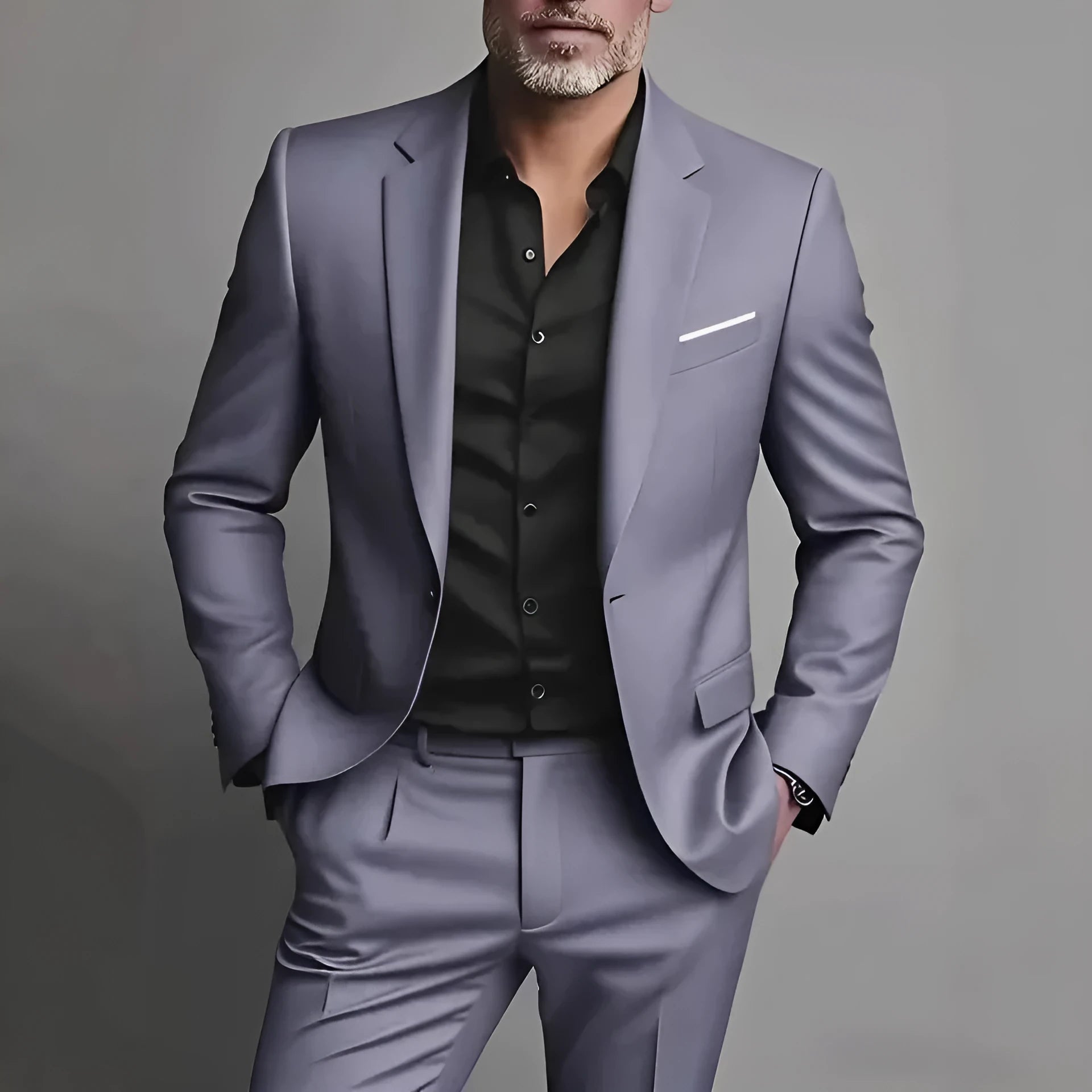 Men's slim fit two-piece suit set in black cotton blend with coat and trousers