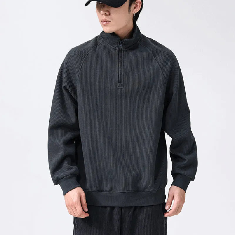 Men's stand-collar fleece sweatshirt in army green with long sleeves, front view