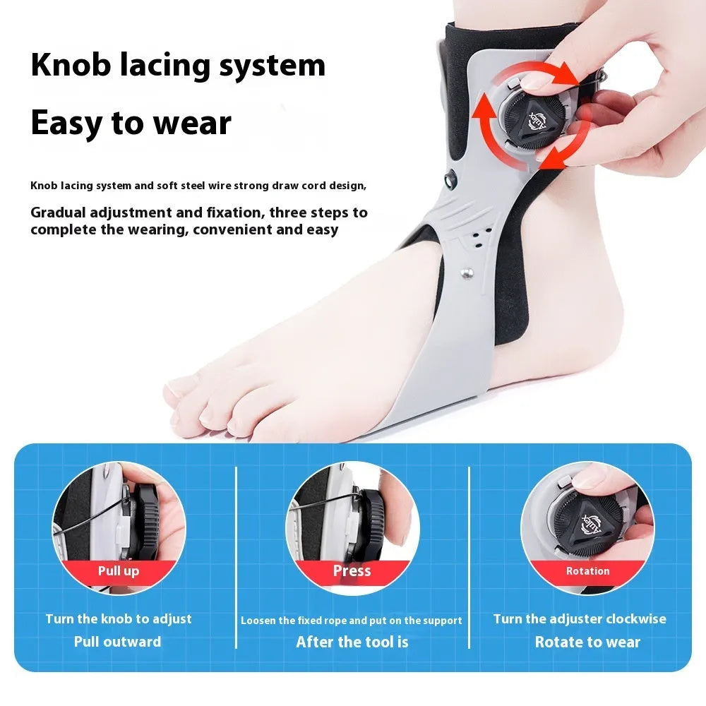 Grey ankle support brace with airbag button system showing adjustable straps and sizing options