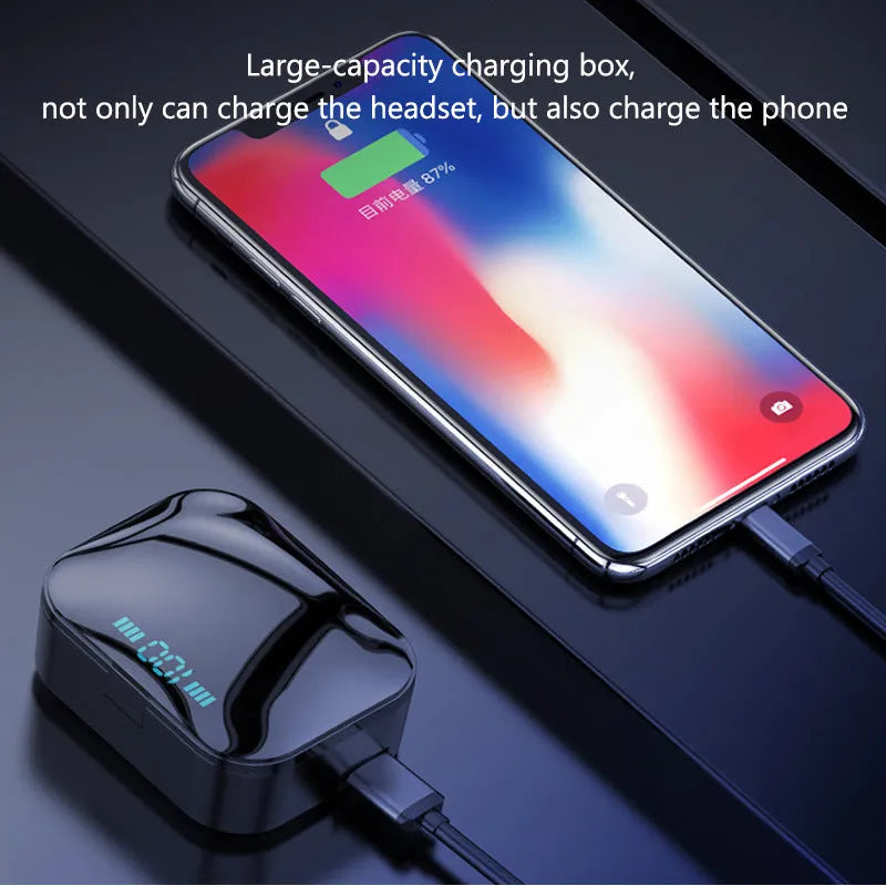 Black and white X7LED sports Bluetooth in-ear headphones with USB charging case