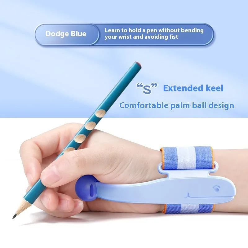 Blue anti-hook pen control corrector wrist brace on a child's hand holding a pencil.