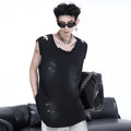 Man's black ripped irregular sleeveless vest t-shirt with asymmetric hem on a plain background.
