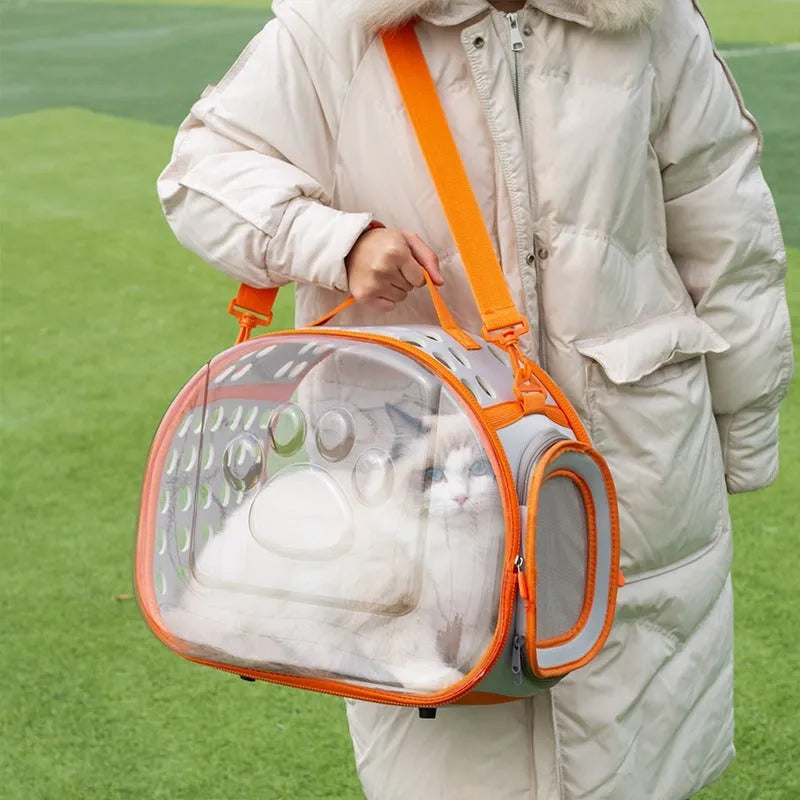 Transparent EVA cat carrier backpack in grass green colour showing hard-shell construction