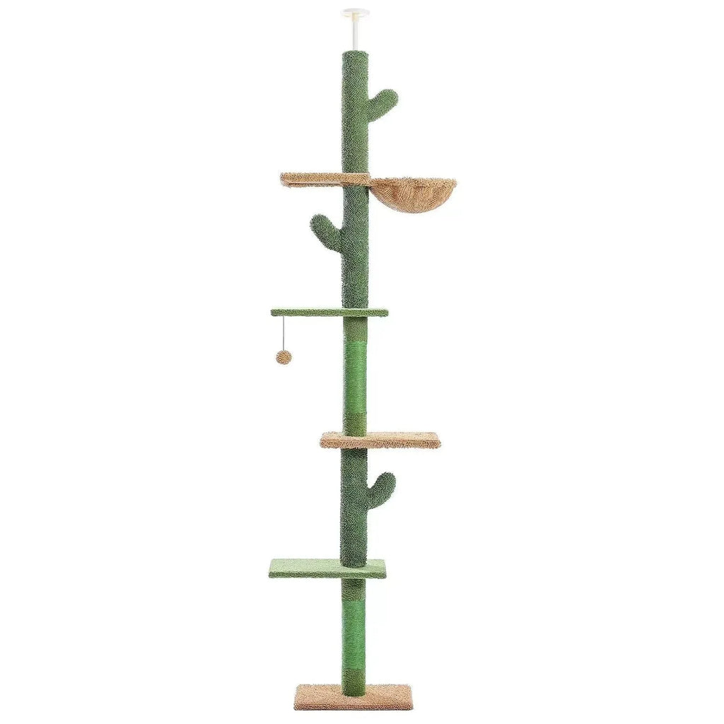 Tall solid wood cat climbing frame with integrated cat nest, scratch board, and hanging toy
