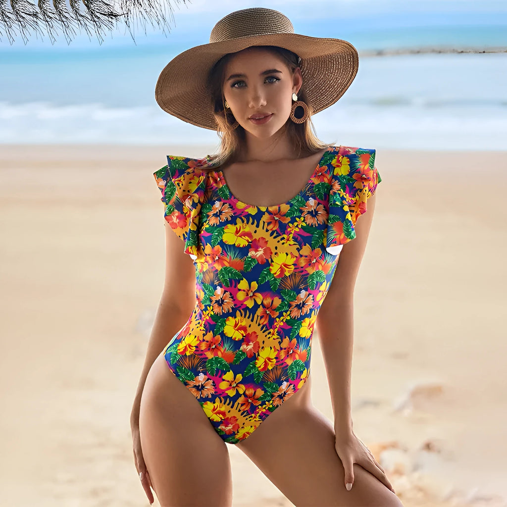 Women's one-piece swimsuit with U-shaped collar and lace design in polyester fabric