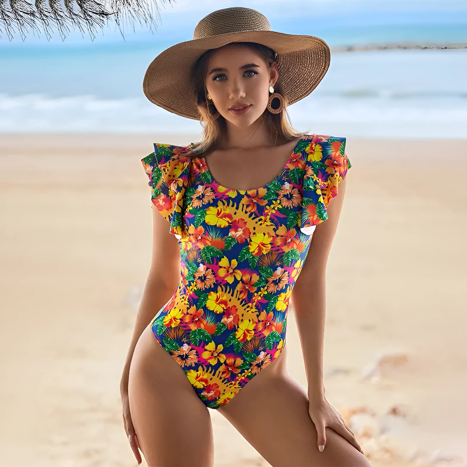 Women's one-piece swimsuit with U-shaped collar and lace design in polyester fabric