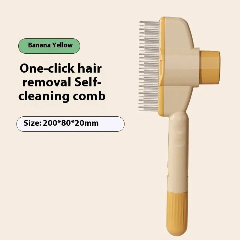 Yellow and green pet grooming comb with stainless steel teeth and release button for cats dogs