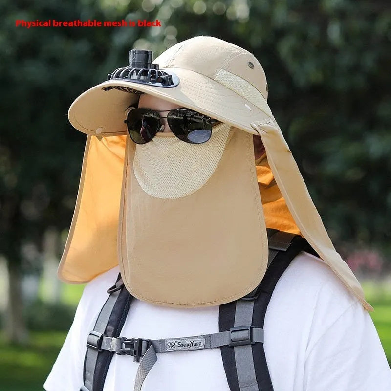Men's khaki sun hat with USB rechargeable fan and attached face covering shawl for outdoor protection