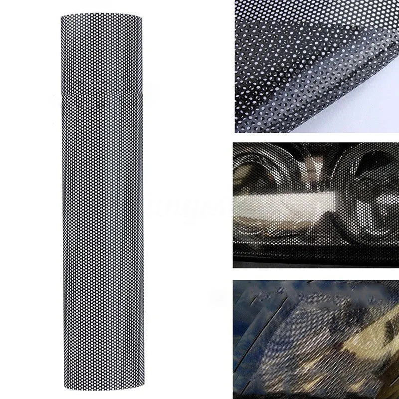 Perforated mesh plastic automotive colour change film sheet measuring 30cm by 106cm.
