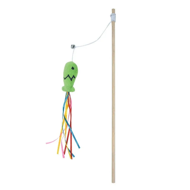 Cat wand toy with wooden handle, colourful ribbons, bell and catnip fish attachment