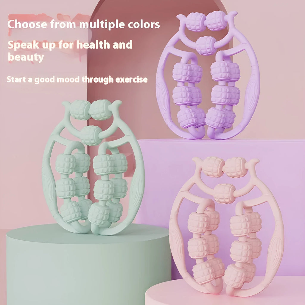 Ring clip leg massage roller with double-row wheels in coral pink colour for muscle relaxation