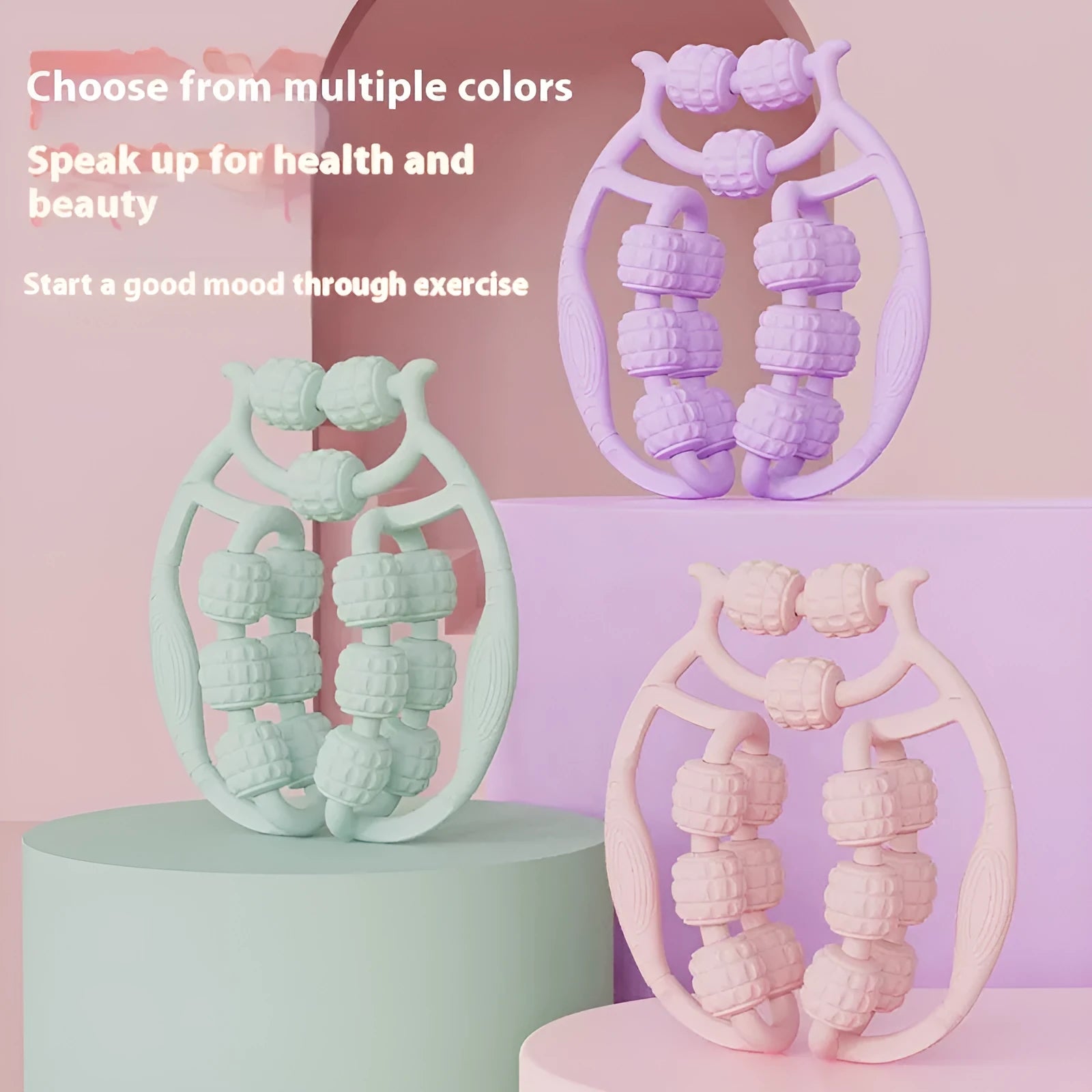 Ring clip leg massage roller with double-row wheels in coral pink colour for muscle relaxation