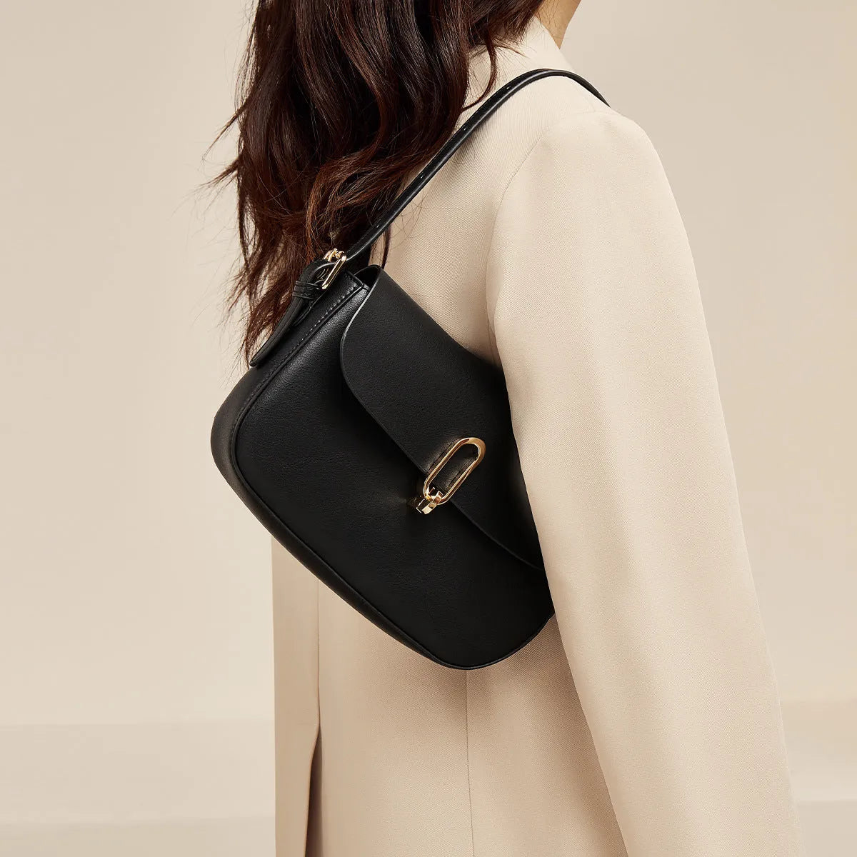 Black and brown genuine cowhide leather square shoulder messenger bag with a lock and internal zippers