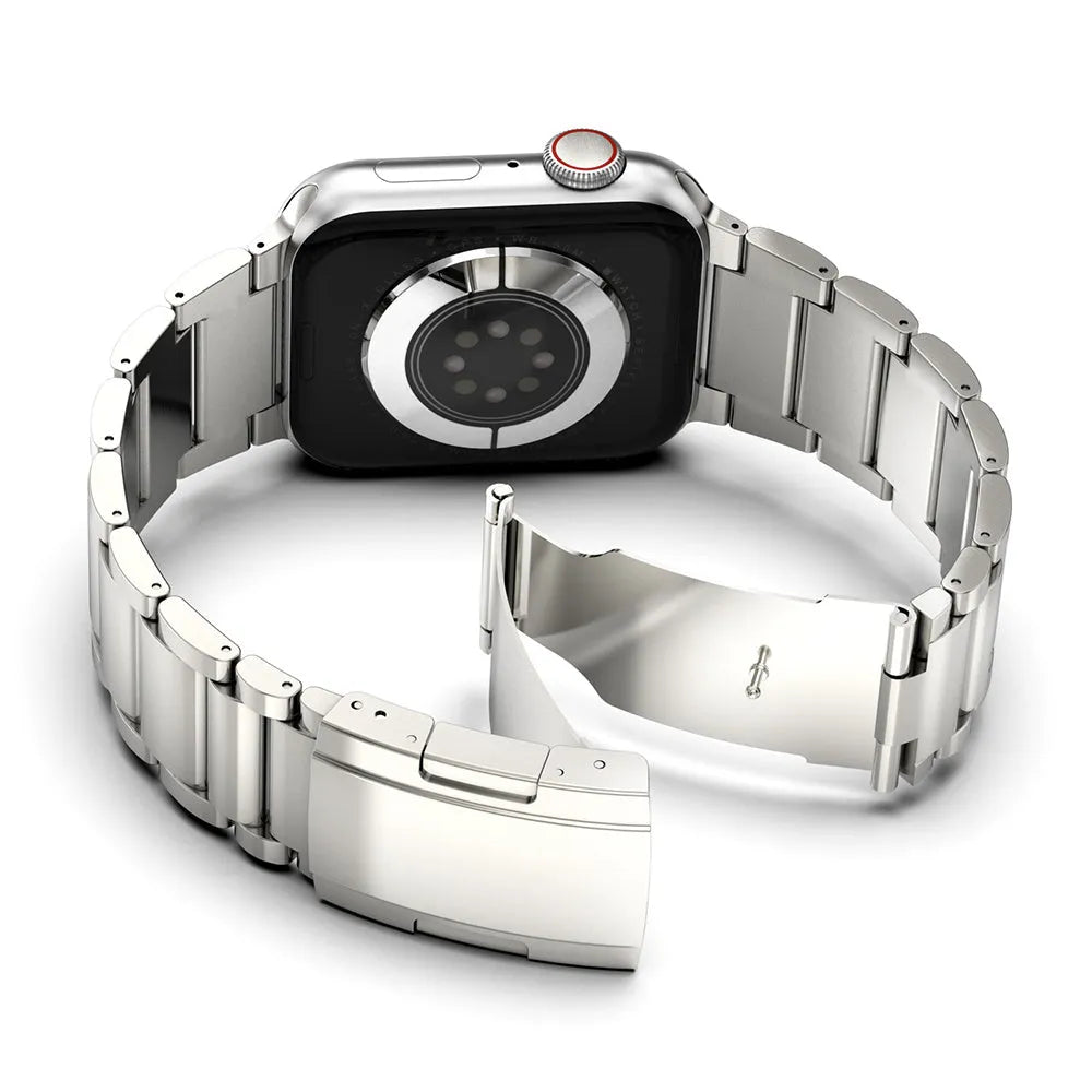 Black titanium alloy Apple Watch replacement band with a folding metal buckle.