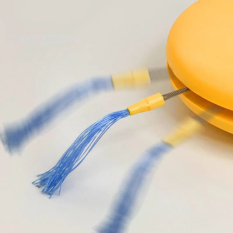 USB rechargeable electric laser cat toy with detachable feather wand in blue, grey, or yellow.