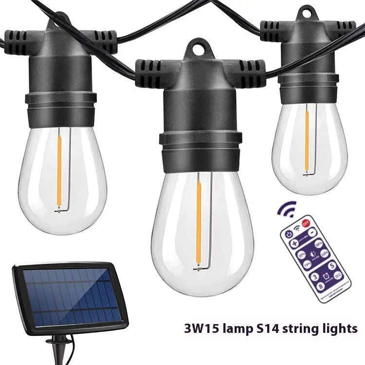 Waterproof solar-powered LED string lights for outdoor garden and patio decoration.