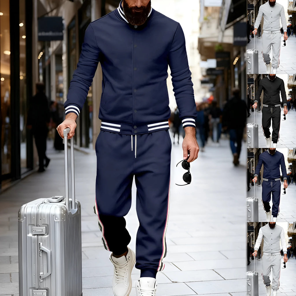 Striped tapered pants two-piece set in black with wool lining jacket and trousers on a model