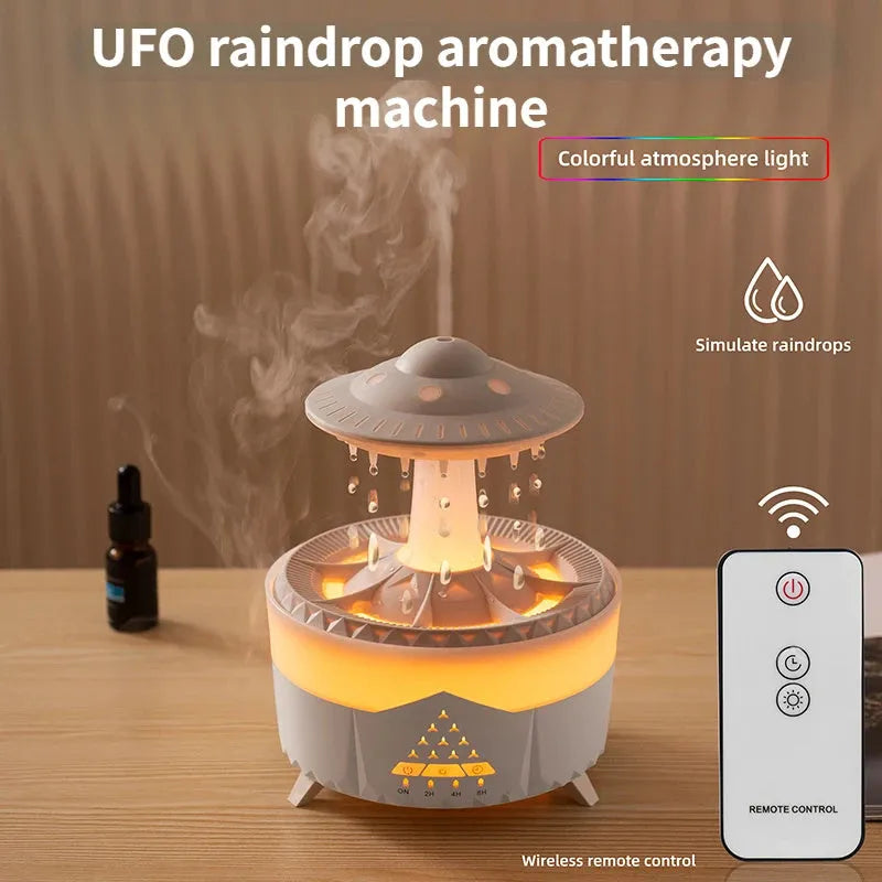 UFO-shaped cloud humidifier with rain drop sound and 7-colour night light