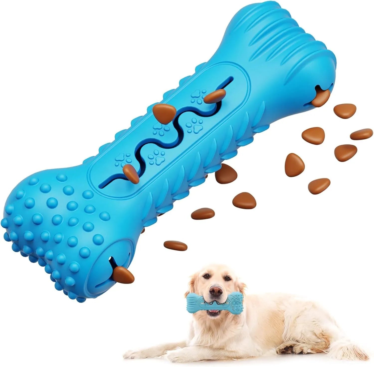 Blue natural rubber bone-shaped dog chew toy for aggressive chewers on a plain background.