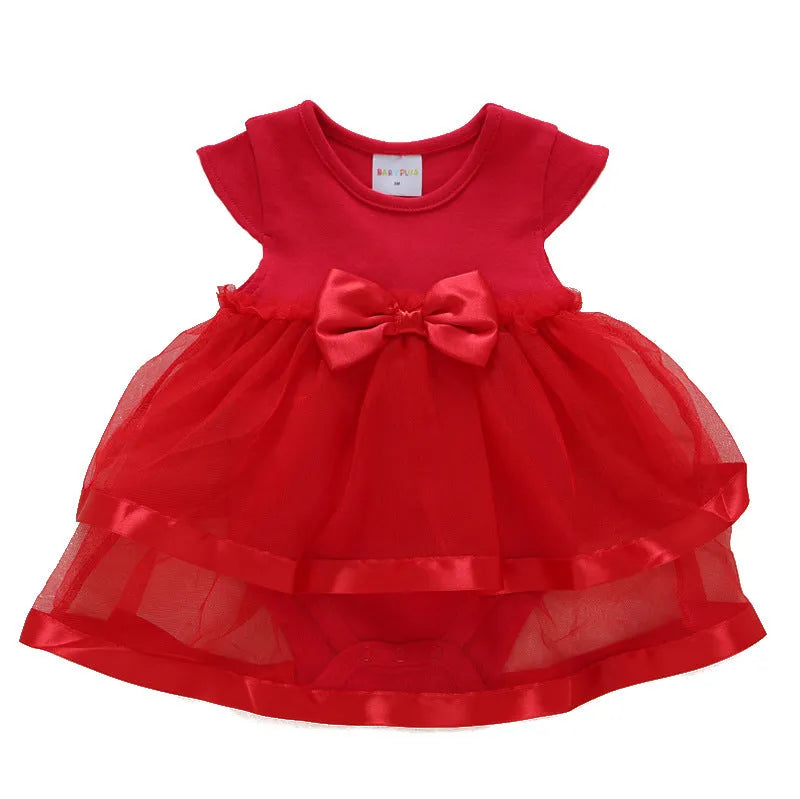 Korean-style baby girl lace dress set with matching shoes and hairband in red, pink, or white.