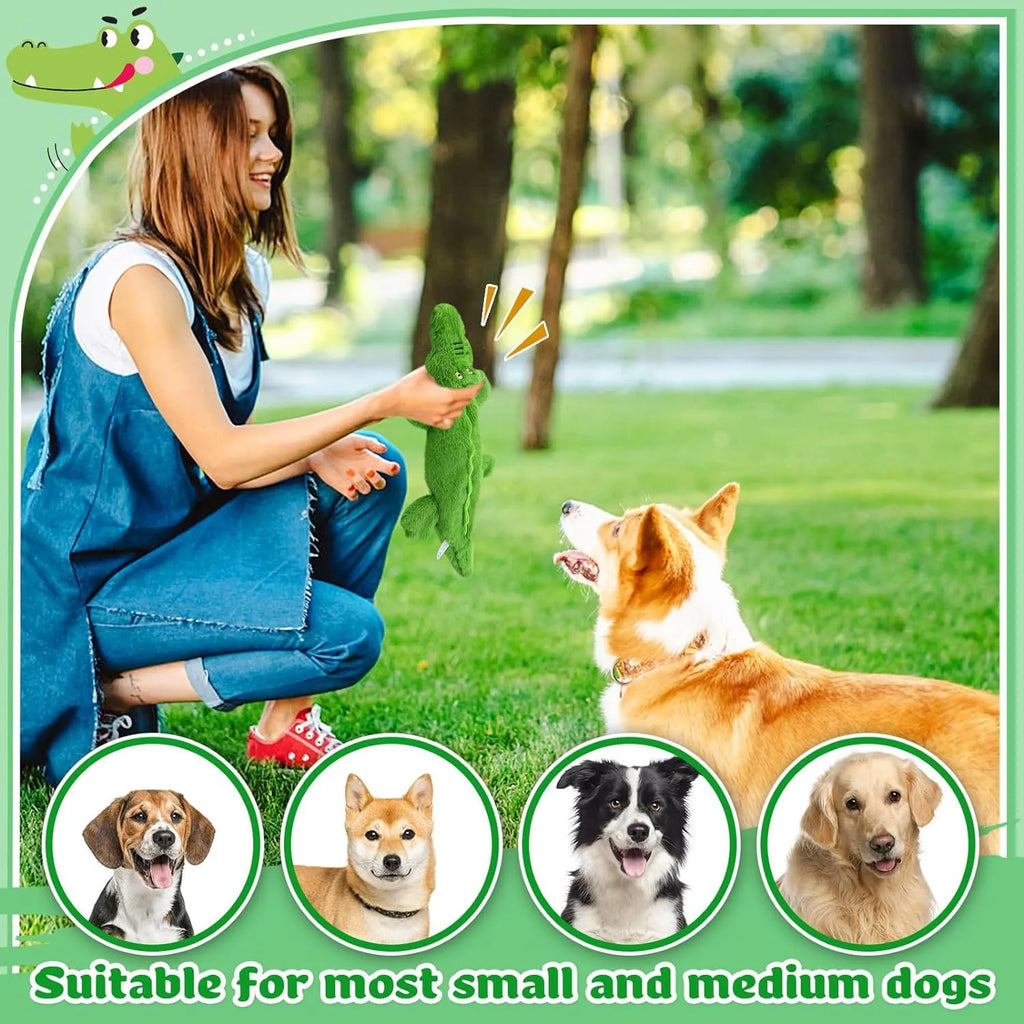 Green plush crocodile dog toy with no stuffing, squeaker in head, crinkle paper in tail, for aggressive chewers