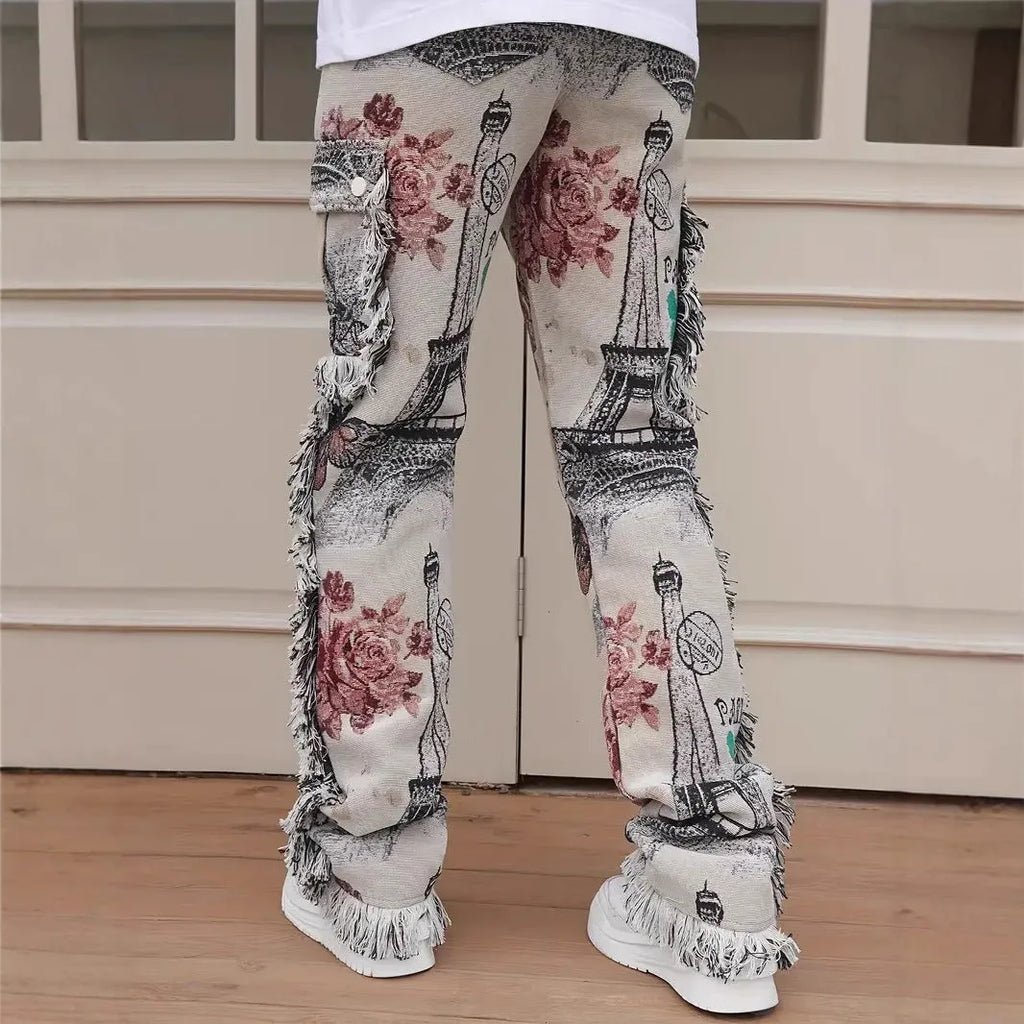 Men's slim fit animal digital printed denim trousers in cotton, mid waist, zip fly, blue tone