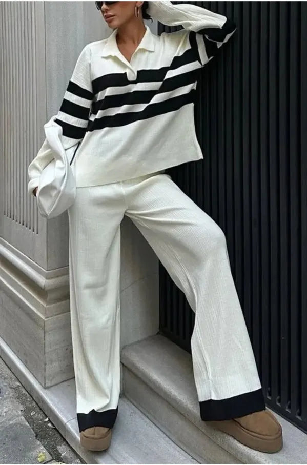 Women's black and white striped knitted polo collar top and trousers two-piece set