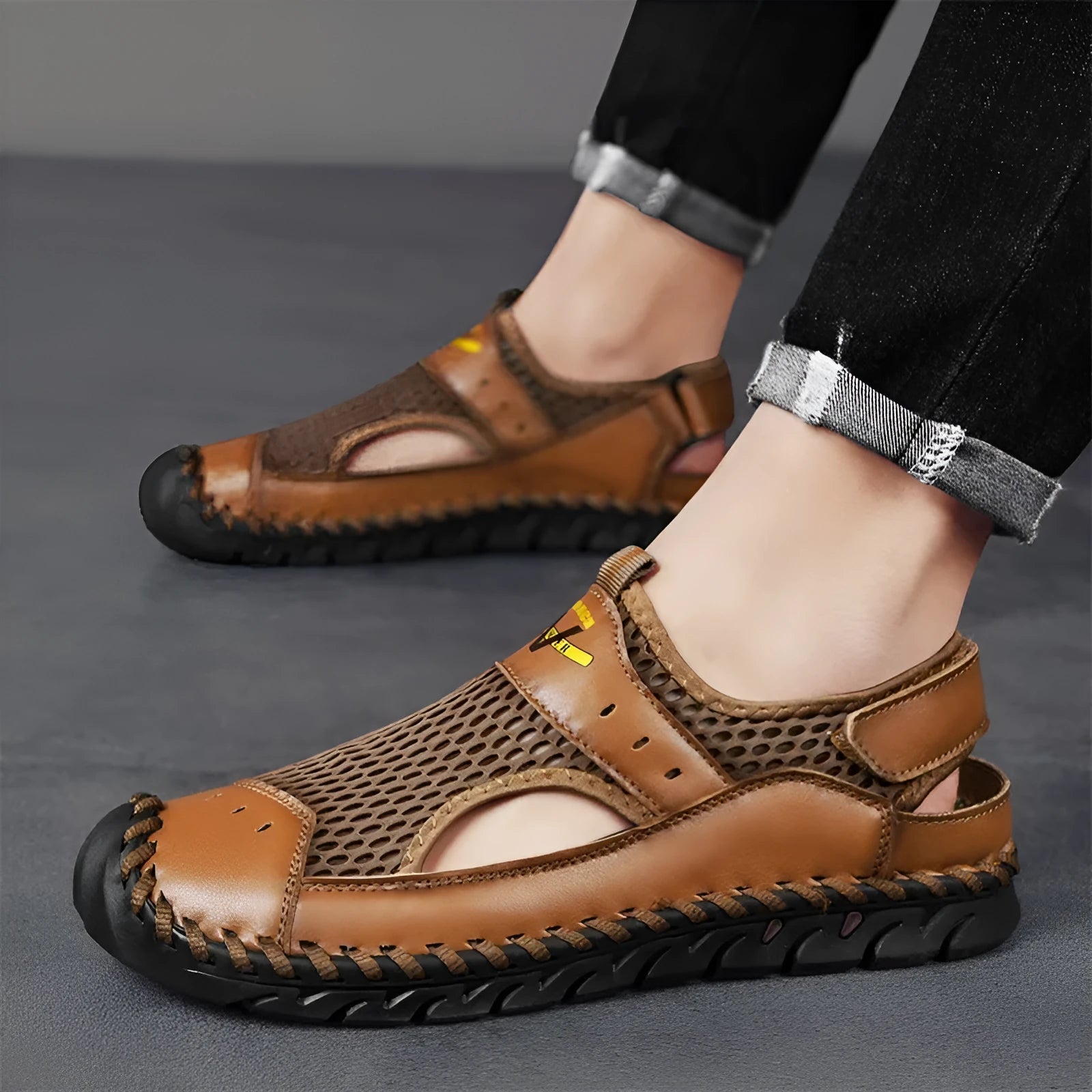 Men's brown genuine leather casual shoes with mesh breathable panels and elastic band design