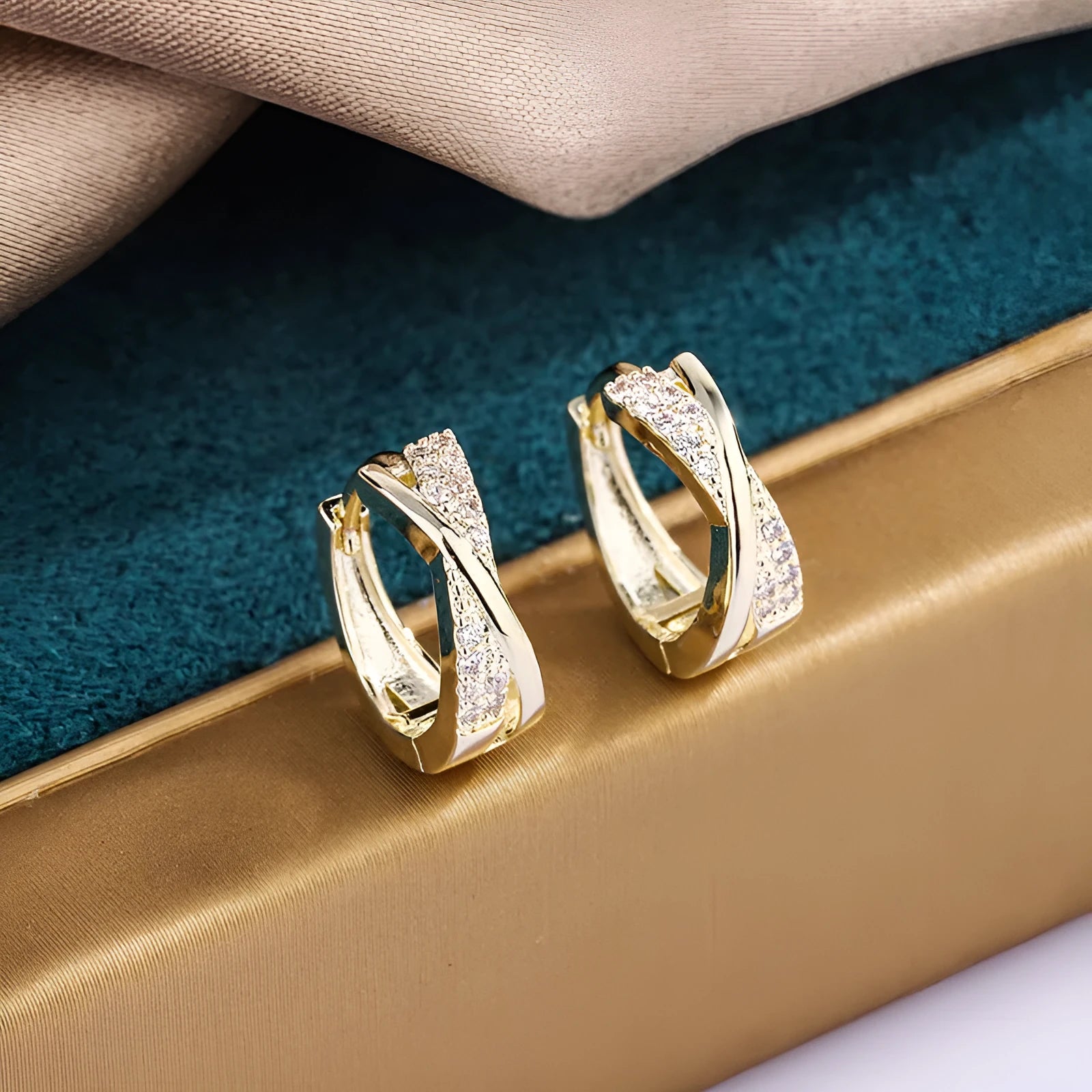Geometric zircon earrings in 14K yellow colour crafted from copper