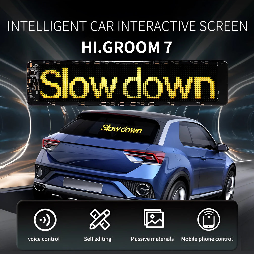 LED smart car bumper sticker with a lit-up expression screen displaying custom text.