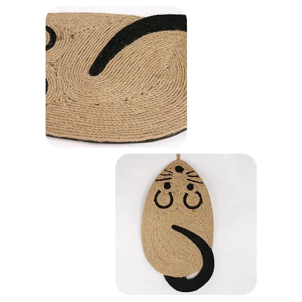 Panda pattern cat scratching mat with sisal surface on grey EVA base, showing dimensions.