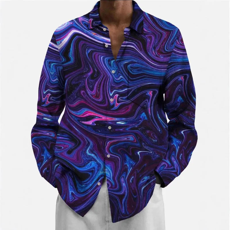 Man wearing a long sleeve patterned cardigan in a multi-colour design, showcasing its elastic polyester fabric.