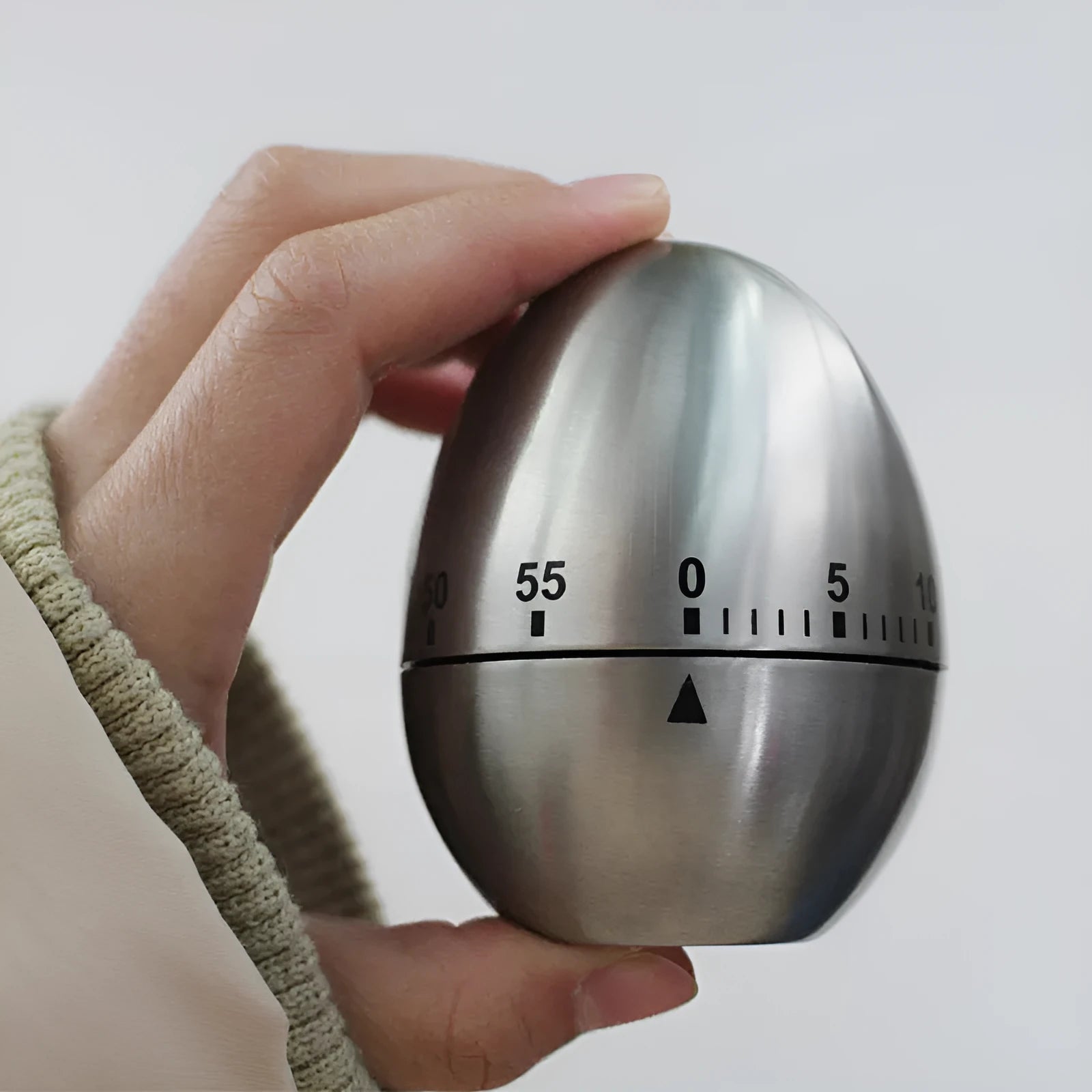 Stainless steel egg-shaped mechanical kitchen timer with dial showing 60-minute range