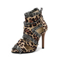 Women's denim high heel sandals in plaid, leopard print, and solid colours for plus sizes 32-50.