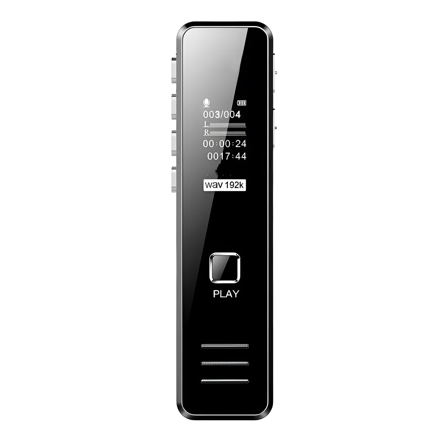 Small black or gold portable digital voice recorder with USB cable on a desk.