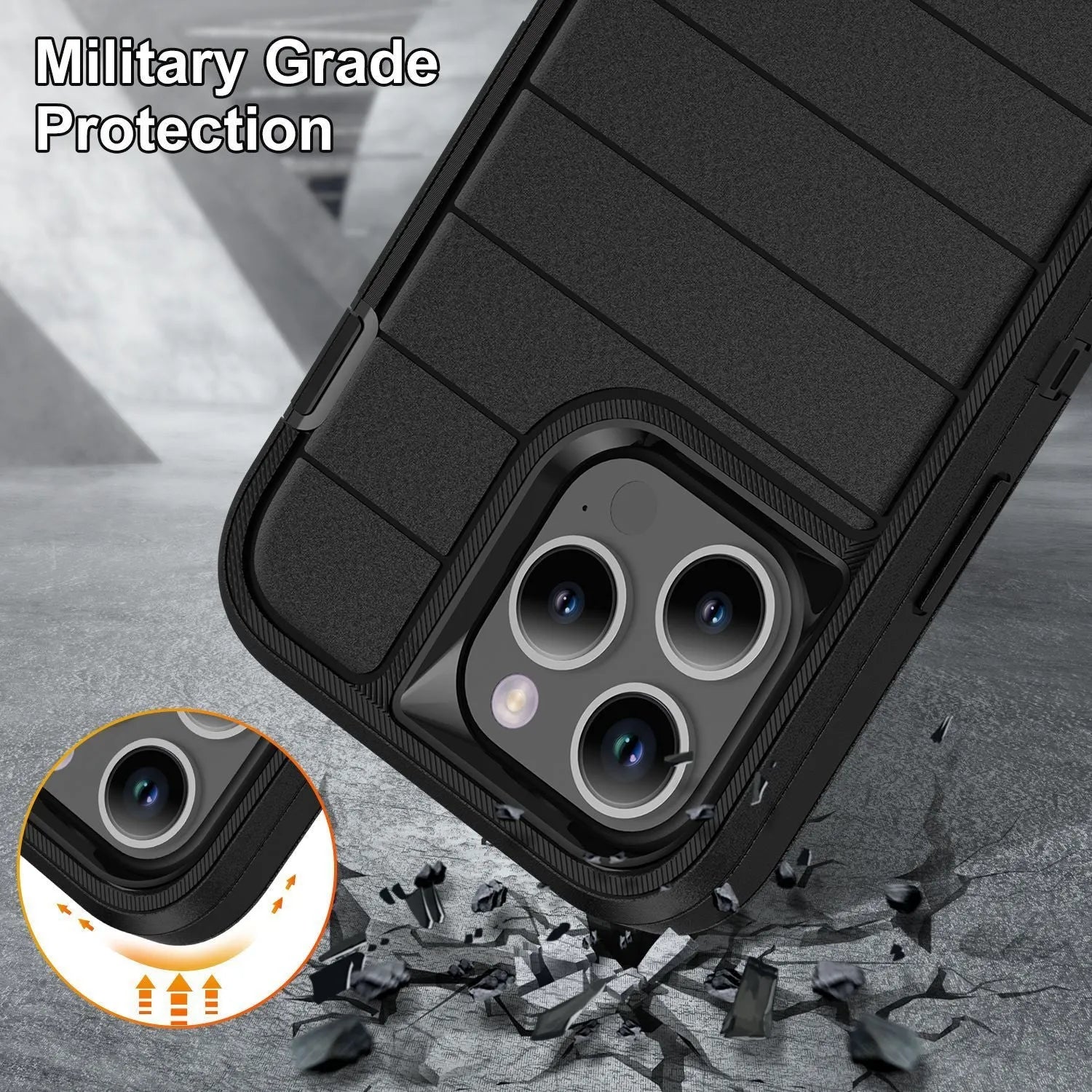 Apple iPhone 14 defender case with bracket in black orange colour, PC material, drop protection