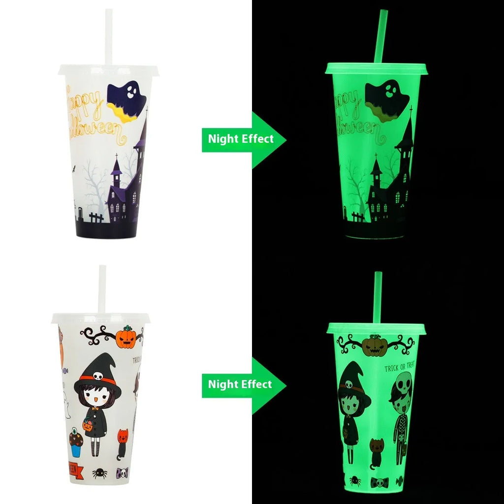 A tall 720ml luminous Halloween-themed plastic cup with a straw, showing colourful design.