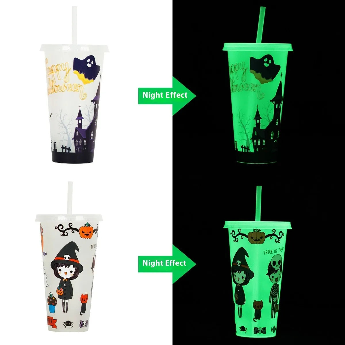 A tall 720ml luminous Halloween-themed plastic cup with a straw, showing colourful design.