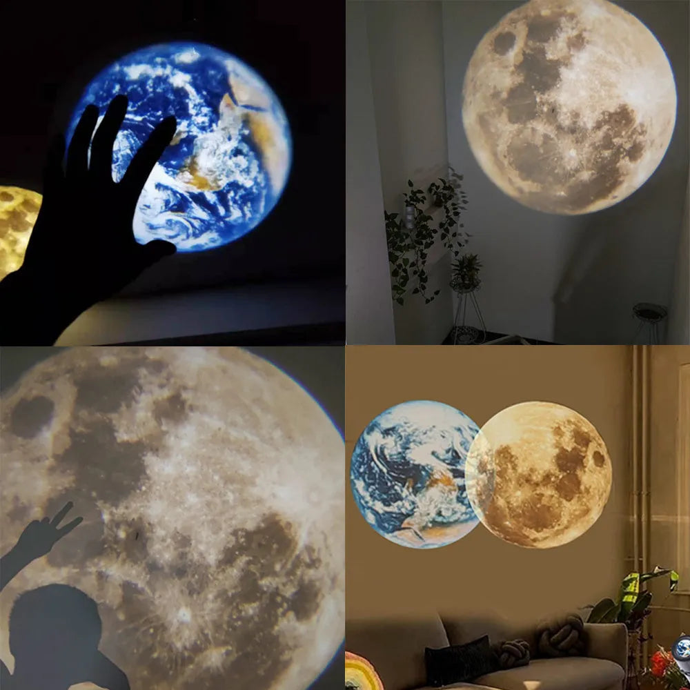 Adjustable Earth and Moon projection lamp with USB cable on a rotating bracket.